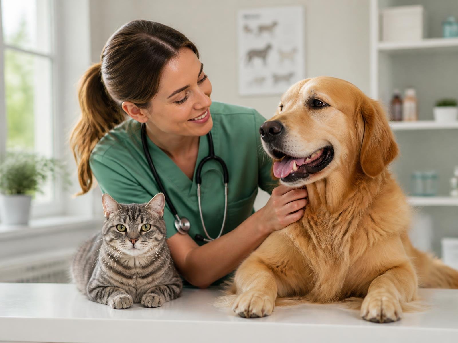 Veterinária atendendo um cachorro golden retriever e um gato na clínica Vila Nova